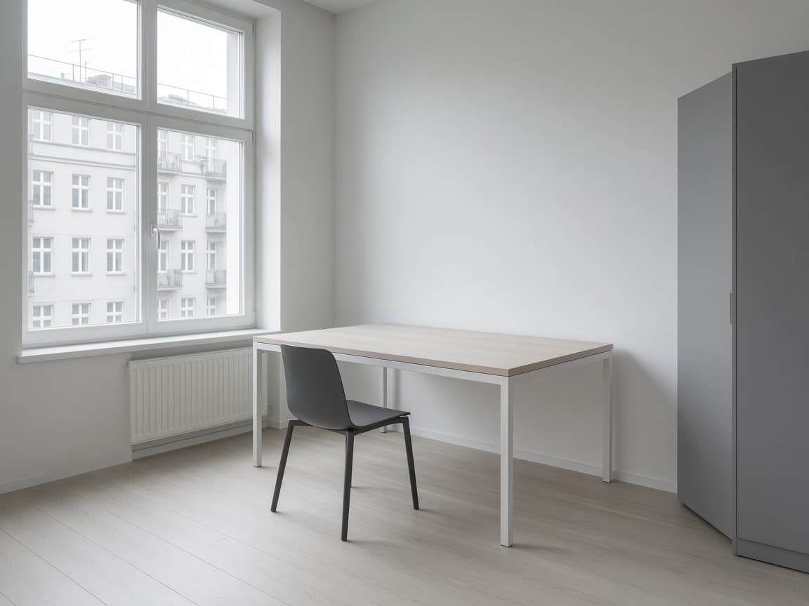 Aufgeräumter Schreibtisch und sauberer Boden in einem kleinen Büro.