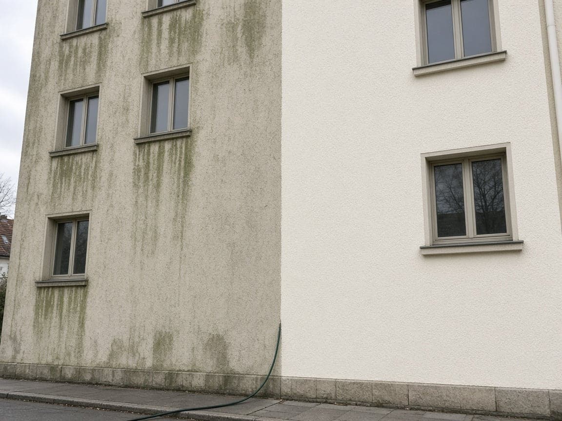 Hausfassade in Berlin, links noch mit Grünbelag, rechts frisch gereinigt und hell.