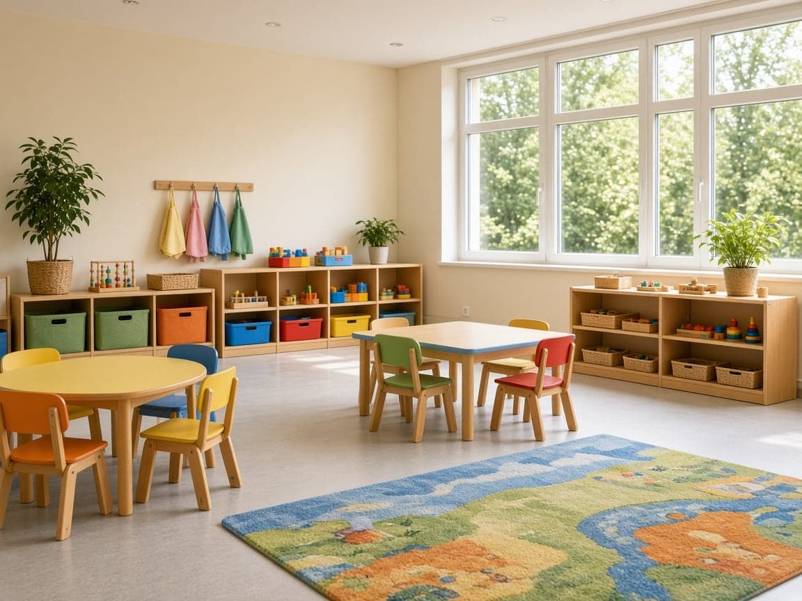 Aufgeräumter, sauberer Gruppenraum einer Kita mit kleinen Tischen, Stühlen und Spielteppich.