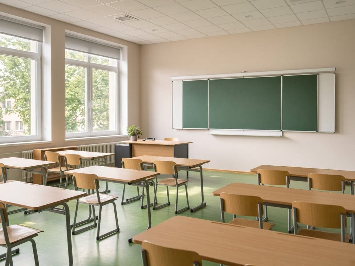 Leerer, frisch gereinigter Klassenraum mit Tischen, Stühlen und Tafel im Tageslicht.