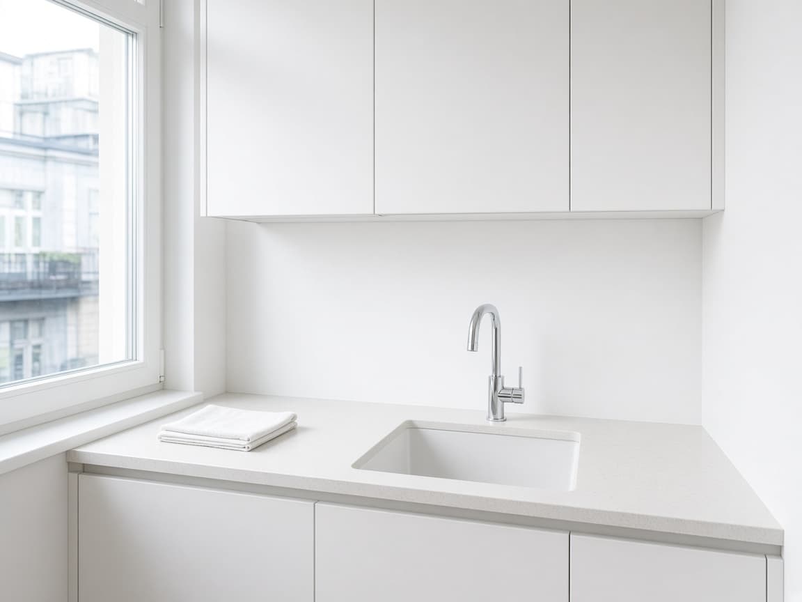 Saubere Küche mit weißem Waschbecken und Tageslicht.